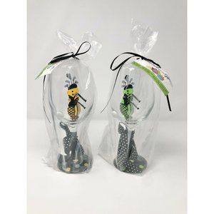 Golf Club Bag Hand Painted Wine Glasses Set 2 Multi Color Gift Bag Novelty Fun